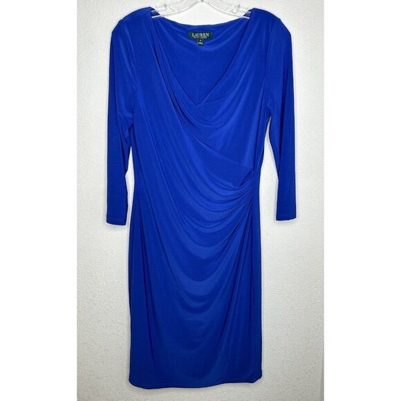 Lauren Ralph Lauren Dress Size 8 Blue Ruching Bodycon Classic Slinky Party Drape - Picture 1 of 15